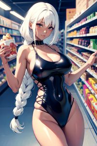 anime,skinny,huge boobs,70s age,orgasm face,white hair,braided hair style,dark skin,illustration,grocery,close-up view,jumping,latex