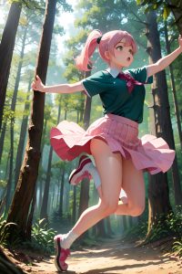 anime,chubby,small tits,70s age,angry face,pink hair,ponytail hair style,light skin,painting,forest,front view,jumping,schoolgirl