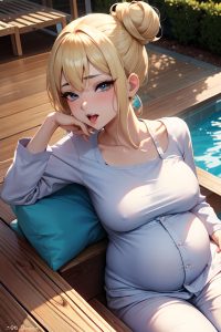 anime,pregnant,small tits,20s age,ahegao face,blonde,hair bun hair style,light skin,charcoal,pool,close-up view,plank,pajamas