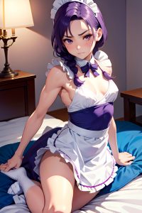 anime,muscular,small tits,20s age,sad face,purple hair,braided hair style,light skin,watercolor,bedroom,front view,jumping,maid