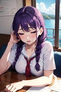 anime,busty,small tits,30s age,ahegao face,purple hair,braided hair style,light skin,illustration,yacht,close-up view,sleeping,schoolgirl