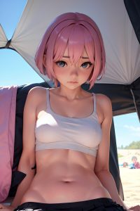anime,skinny,small tits,40s age,sad face,pink hair,pixie hair style,light skin,soft + warm,tent,close-up view,gaming,schoolgirl