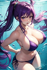 anime,busty,huge boobs,20s age,angry face,purple hair,pigtails hair style,light skin,warm anime,underwater,side view,straddling,bikini