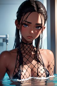 anime,skinny,small tits,18 age,pouting lips face,black hair,slicked hair style,dark skin,skin detail (beta),bathroom,close-up view,bathing,fishnet