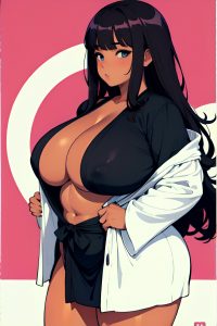anime,chubby,huge boobs,80s age,serious face,brunette,bangs hair style,dark skin,black and white,beach,front view,on back,bathrobe