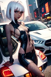 anime,skinny,small tits,20s age,serious face,white hair,bangs hair style,dark skin,cyberpunk,car,front view,on back,fishnet