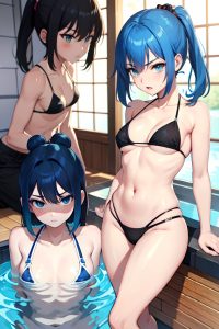 anime,skinny,small tits,18 age,angry face,blue hair,bangs hair style,light skin,black and white,hot tub,side view,cumshot,bikini