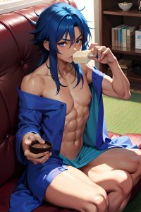 anime,muscular,small tits,20s age,seductive face,blue hair,messy hair style,dark skin,dark fantasy,couch,front view,eating,bathrobe