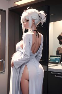 anime,pregnant,small tits,70s age,seductive face,white hair,messy hair style,dark skin,black and white,oasis,back view,gaming,bathrobe