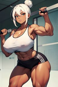 anime,muscular,huge boobs,50s age,seductive face,white hair,hair bun hair style,dark skin,soft anime,prison,front view,working out,schoolgirl