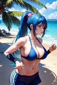 anime,skinny,huge boobs,70s age,angry face,blue hair,ponytail hair style,light skin,comic,beach,side view,working out,teacher