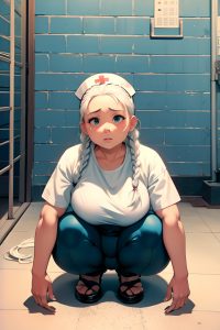 anime,chubby,small tits,50s age,serious face,white hair,braided hair style,light skin,film photo,prison,front view,squatting,nurse