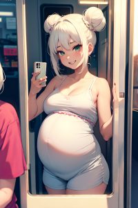 anime,pregnant,small tits,70s age,happy face,white hair,hair bun hair style,light skin,mirror selfie,bus,front view,gaming,bra