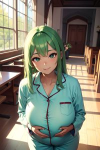 anime,pregnant,huge boobs,18 age,happy face,green hair,straight hair style,dark skin,soft anime,church,front view,t-pose,pajamas