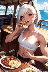anime,muscular,small tits,60s age,laughing face,white hair,pixie hair style,dark skin,illustration,yacht,front view,eating,schoolgirl
