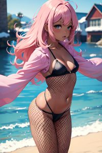 anime,chubby,small tits,70s age,seductive face,pink hair,messy hair style,dark skin,comic,snow,back view,t-pose,fishnet