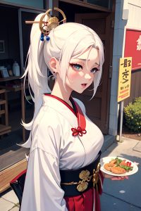 anime,busty,small tits,50s age,orgasm face,white hair,ponytail hair style,light skin,vintage,street,side view,cooking,geisha