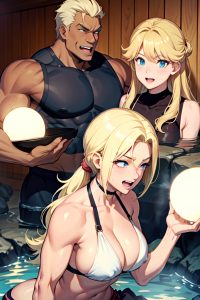 anime,muscular,huge boobs,80s age,laughing face,blonde,slicked hair style,dark skin,soft anime,onsen,side view,cooking,teacher
