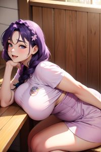 anime,chubby,huge boobs,18 age,happy face,purple hair,braided hair style,light skin,warm anime,sauna,side view,plank,nurse
