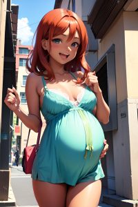 anime,pregnant,small tits,40s age,laughing face,ginger,straight hair style,dark skin,crisp anime,street,front view,eating,lingerie