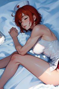 anime,muscular,small tits,30s age,happy face,ginger,bobcut hair style,light skin,painting,snow,close-up view,sleeping,nurse
