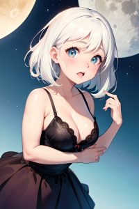anime,chubby,small tits,50s age,shocked face,white hair,slicked hair style,light skin,illustration,moon,close-up view,t-pose,bra
