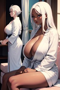 anime,busty,huge boobs,50s age,shocked face,white hair,straight hair style,dark skin,comic,couch,side view,spreading legs,bathrobe