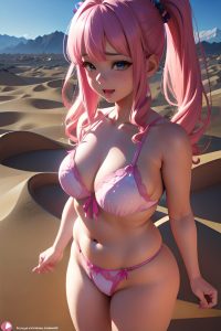 anime,chubby,small tits,30s age,ahegao face,pink hair,straight hair style,light skin,3d,desert,close-up view,t-pose,lingerie