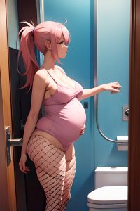 anime,pregnant,small tits,60s age,shocked face,pink hair,ponytail hair style,dark skin,soft anime,bathroom,side view,plank,fishnet