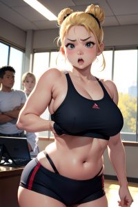 anime,chubby,small tits,40s age,angry face,blonde,hair bun hair style,light skin,comic,office,front view,working out,bra