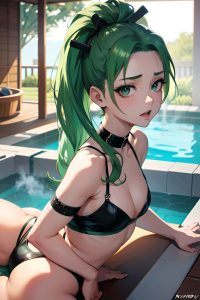 anime,busty,small tits,70s age,orgasm face,green hair,slicked hair style,light skin,charcoal,hot tub,back view,massage,goth