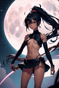 anime,skinny,small tits,20s age,serious face,black hair,ponytail hair style,dark skin,illustration,moon,front view,on back,mini skirt