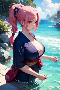 anime,muscular,huge boobs,30s age,seductive face,pink hair,pigtails hair style,dark skin,watercolor,gym,front view,bathing,kimono