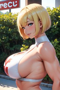 anime,muscular,huge boobs,40s age,happy face,blonde,bobcut hair style,light skin,film photo,oasis,back view,cumshot,latex