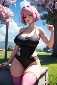 anime,skinny,huge boobs,70s age,serious face,pink hair,pixie hair style,light skin,3d,meadow,close-up view,yoga,stockings
