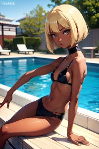 anime,skinny,small tits,30s age,serious face,blonde,bobcut hair style,dark skin,film photo,pool,side view,on back,geisha