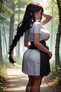 anime,pregnant,huge boobs,20s age,serious face,ginger,braided hair style,dark skin,charcoal,forest,back view,t-pose,mini skirt