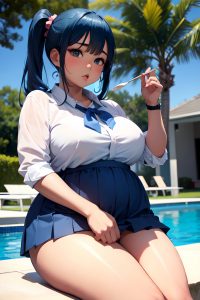 anime,chubby,small tits,60s age,serious face,blue hair,slicked hair style,dark skin,skin detail (beta),pool,front view,eating,schoolgirl