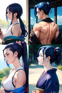 anime,muscular,small tits,30s age,laughing face,blue hair,slicked hair style,dark skin,crisp anime,cafe,back view,on back,kimono