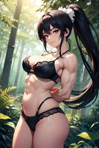 anime,muscular,huge boobs,20s age,happy face,black hair,ponytail hair style,light skin,warm anime,forest,front view,on back,lingerie