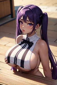 anime,busty,huge boobs,20s age,pouting lips face,purple hair,pigtails hair style,dark skin,black and white,oasis,front view,plank,nude