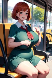 anime,chubby,huge boobs,40s age,happy face,ginger,bobcut hair style,dark skin,charcoal,bus,front view,bathing,schoolgirl