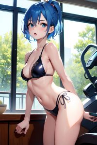 anime,busty,small tits,40s age,shocked face,blue hair,pixie hair style,light skin,watercolor,gym,side view,spreading legs,goth