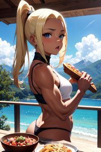 anime,muscular,small tits,20s age,shocked face,blonde,slicked hair style,dark skin,black and white,mountains,front view,eating,schoolgirl
