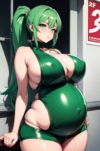 anime,pregnant,huge boobs,40s age,sad face,green hair,ponytail hair style,dark skin,cyberpunk,yacht,front view,bending over,latex