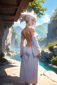 anime,muscular,small tits,18 age,laughing face,white hair,messy hair style,light skin,soft anime,cave,back view,massage,bathrobe