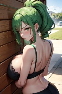 anime,busty,huge boobs,50s age,angry face,green hair,messy hair style,dark skin,skin detail (beta),tent,back view,plank,bra