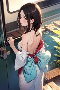 anime,skinny,small tits,30s age,sad face,brunette,messy hair style,light skin,watercolor,train,back view,bathing,kimono