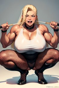 anime,muscular,huge boobs,30s age,laughing face,blonde,slicked hair style,dark skin,watercolor,wedding,front view,squatting,fishnet