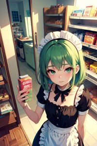 anime,skinny,small tits,50s age,seductive face,green hair,messy hair style,light skin,mirror selfie,grocery,side view,sleeping,maid